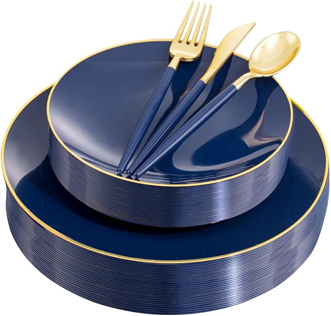 Liacere 150PCS Blue Plastic Plates - Gold Plastic Silverware with Blue Handle - Navy Disposable Plates Include 30 Guests Plates,Forks,Spoons,Knives for Wedding & Party & Halloween