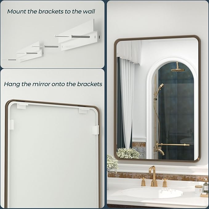 OKPAL 44x36 Bronze Bathroom Vanity Mirror, Brushed Metal Framed Bathroom Mirror, Rounded Bronze Rectangle Mirror for Farmhouse, Bedroom, Anti-Rust (Horizontal/Vertical)