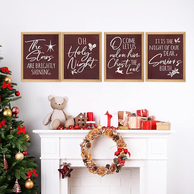 Wheatwin Vintage Christmas Wall Art Prints Set of 4, O Holy Night Sign, Christian Wall Art, Rustic Christmas Red Xmas Religious Decor for Farmhouse Living Room Bedroom, 8x10 (Unframed)