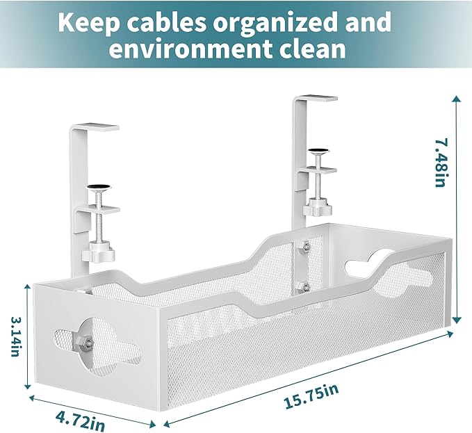 Under Desk Cable Management Tray White, Litwaro Cable Management Under Desk No Drill, Cable Organizer with Clamp for Wire Management, Cord Organizer for Office, Home No Damage to Desk