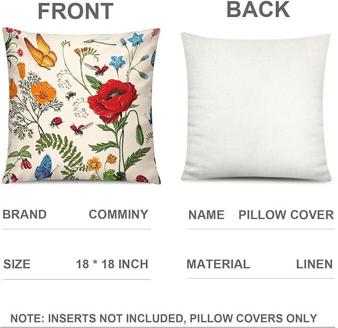 COMMINY Red Pink Flower Pillow Cover 18x18 Set of 6 Summer Throw Pillow Covers Colorful Floral Cushion Covers for Couch Sofa Living Room Home Decor