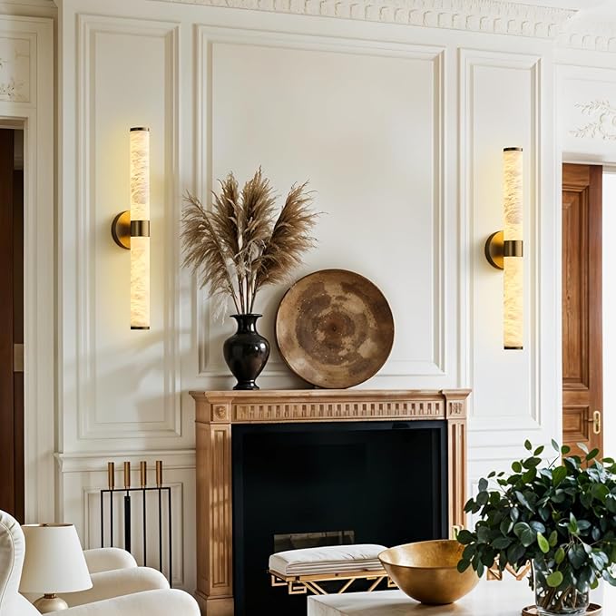 Alabaster Wall Sconce, 24" Natural Spanish Marble Wall Sconce, Modern Gold Alabaster Sconces Wall Lighting, Brass Bathroom Vanity Sconces Wall Lights for Living Room, Bedroom, Hallway, Stairs