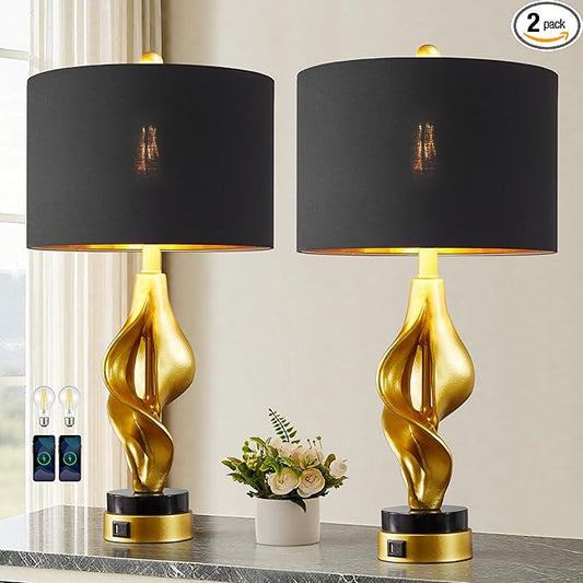 25.5'' Set of 2 Modern Table Lamps for Living Room Bedroom, Gold Leaf Sculptural Bedside Lamps with Marble Base and USB C+A Ports for Office End Tables Nightstand, 2 Bulbs Included