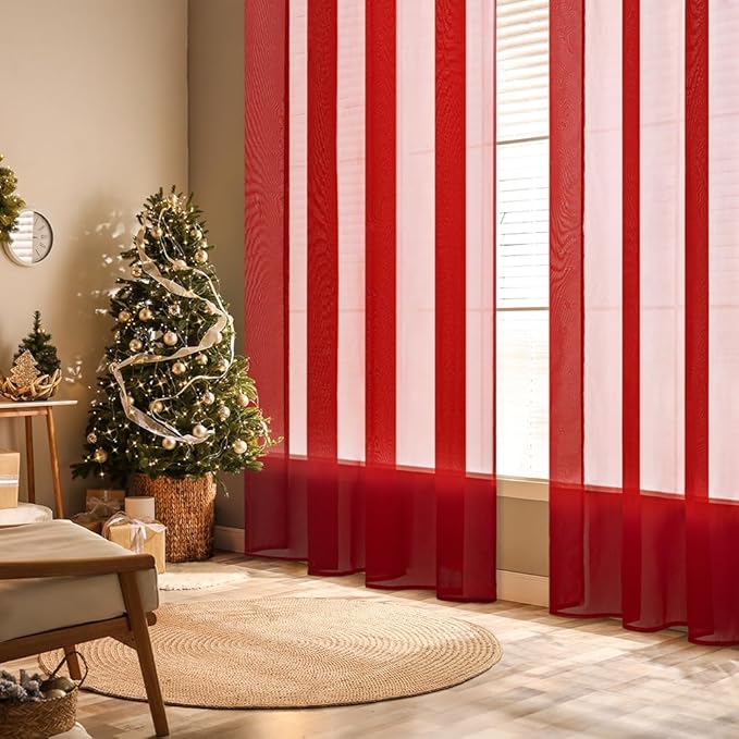 MIULEE 2 Panels Red Solid Color Sheer Christmas Window Curtains Elegant Window Voile Panels/Drapes/Treatment for Bedroom Living Room (54X84 Inches)