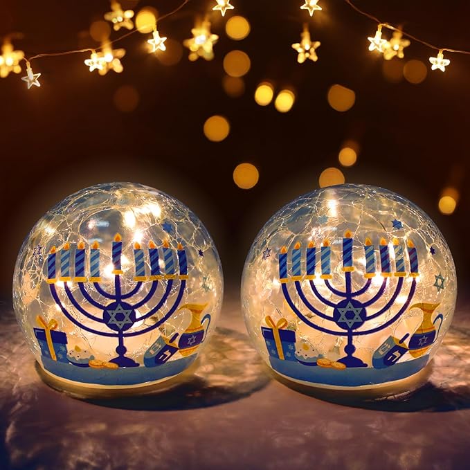 Nefelibata Hanukkah Decorations Chanukah Globe Lights Crackle Glass Ball with LED Lights and Timer Home Table Centerpiece Kitchen Dinner Party Fireplace Decor Battery Operated Lamp Jewish Gifts 2PCS