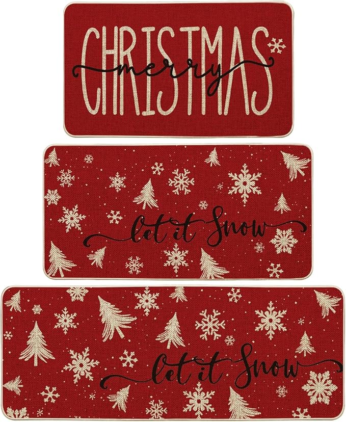 Artoid Mode Xmas Trees Snowflake Let It Snow Merry Christmas Kitchen Mats Set of 2, Winter Decor Low-Profile Kitchen Rugs - 17"x29"+17"x36"+17"x47"