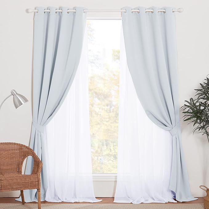 NICETOWN Double Layers Light Blocking Mix & Match Crushed Voile and Blackout Curtains with 4 Tie-Backs for Bedroom Window, Cortinas para Sala (Platinum, Set of 2, W52 x L72)