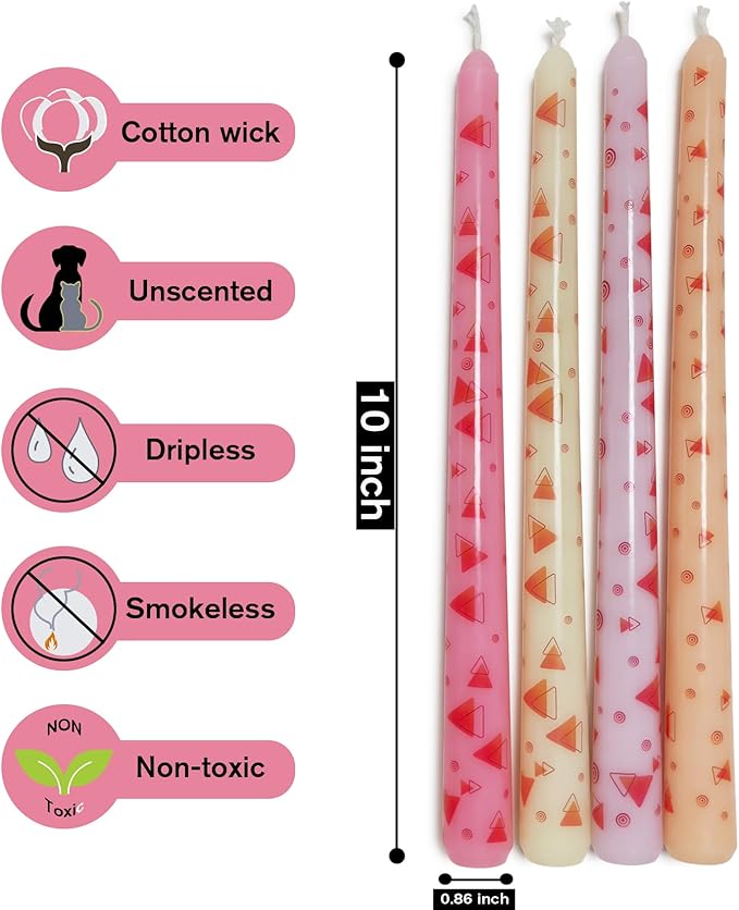 10 Inch Geometry Taper Candles 4 Pcs Unscented, Smokeless, Dripless Long Tapered Candlesticks Candles for Mother's Day Birthday Dinner Dating Wedding Party Home Decor