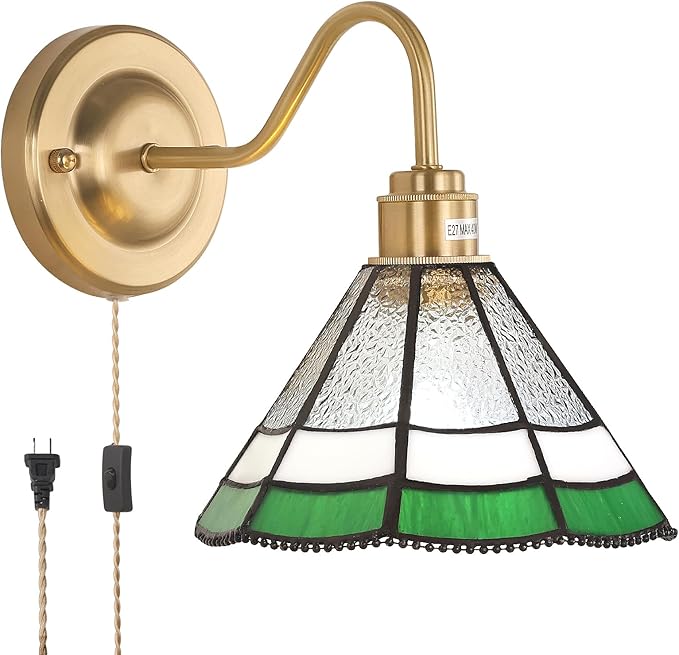 Vintage Wall Sconce, Wall Lamps with Green Multilayer Petal Sconce, Stained Glass Shade Brass Wall Lights Fixture with Plug in Cord and Switch for Bedroom Bathroom Living Room Hallway