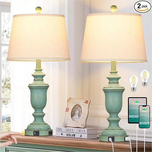 25.6" Farmhouse Table Lamps Set of 2 with USB C+A Ports & AC Outlet for Rustic Living Room Retro Bedroom,3-Way Dimmable Touch Lamp Bedside Lamps for Nightstand Side End Table,Retro Green