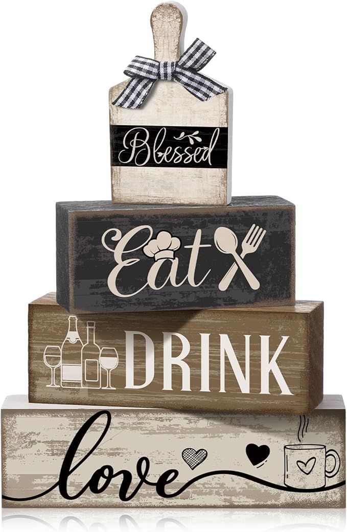 4 Pcs Wooden Farmhouse Tabletop Decor Farmhouse Tiered Tray Decor Black Brown and White Plate Tableware Centerpiece Wooden Plate Rustic Decorative Block Sign for Kitchen Shelf Desk Decoration