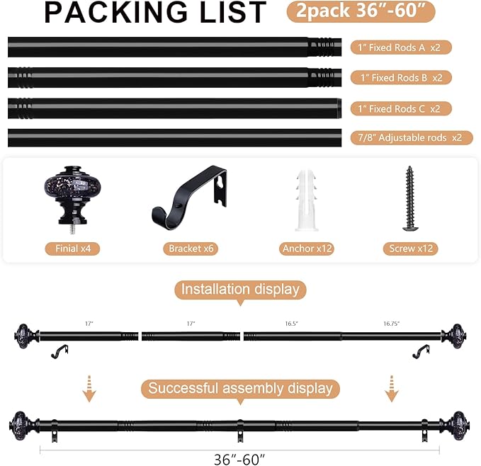 2 Pack Black Crystal Curtain Rods for Windows 30 to 56 Inch, Decorative Vintage 1'' Diameter Curtain Rod with Black Foil Finial, Adjustable Heavy Duty Easy Install Drapery Pole Set for Farmhouse