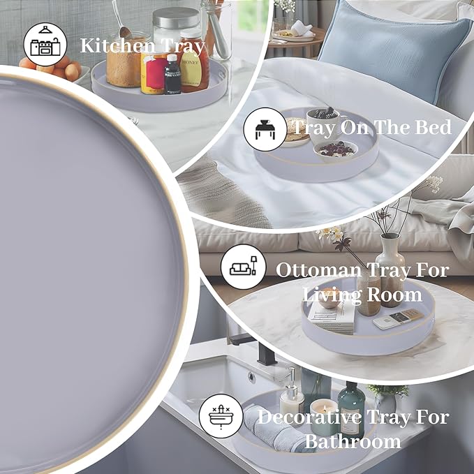 MAONAME 13" Gray Round Tray, Grey Serving Tray with Handles, Modern Round Decorative Trays for Coffee Table, Plastic Trays for Ottoman, Bathroom, Decor