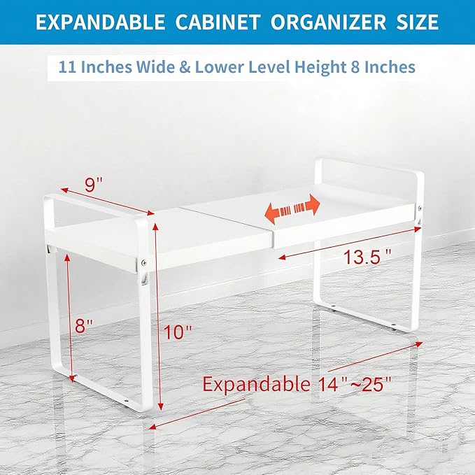 Expandable Cabinet Shelf Organizer 14-25 Inch Adjustable Length, 9" Wide 2-Tier (8" Bottom Layer) Metal Storage Rack for Kitchen Pantry, Under Sink Countertop - Heavy Duty White(2 Pack)