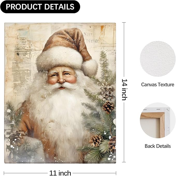 DSHFG Vintage Christmas Wall Art Decor, Retro Christmas Santa Trees Wall Decor Canvas Set of 3, Retro Christmas Decorations for Home Kitchen Bedroom Bathroom Living Room, 14x11 Inch Framed