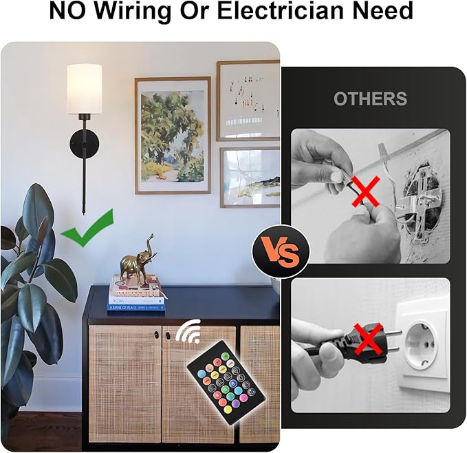 Battery Operated Wall Sconce Set of Two,Wireless Rechargeable Wall Light With Remote Control, Dimmable, 1800K/3000K/4000K/6000K/RGB, Timer, for Living Room, Bedroom, Fireplace, TV, 26.8 Inch, Black