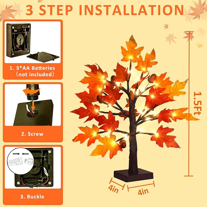 1.5FT Lighted Fall Maple Tree - Thanksgiving Tabletop Lamp Decor with 36 LED Lights, Maple Leaves, 6 Acorns, 6-Hours Timer Function, Battery Operated Fall Artificial Tree for Indoor Home Bedroom