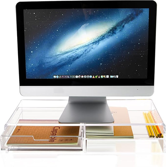 20" Crystal Clear Acrylic Monitor Stand Riser - Fits iMac/Printer/TV, Ergonomic 3" Elevation w/Sliding Drawer Storage, Sleek Desk Organizer for Home Office