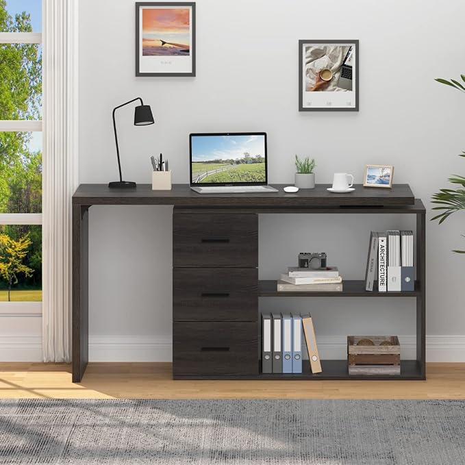 HSH L Shaped Computer Desk with Drawers, 360 Rotating L Shape Desk with Storage Cabinet Shelves, Industrial Home Office Desk for Executive Writing Study Work, Dark Wood Table Swivel Desk, Gray 55 Inch