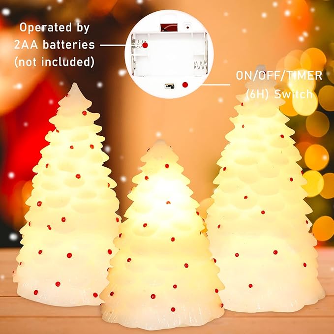 White Christmas Trees Figurine with Light Battery Operated with Remote Lighted Christmas Tree Tabletop Decor Real Wax White Small Xmas Tree with Red Berry Christmas Decoration for Home Party Gifts