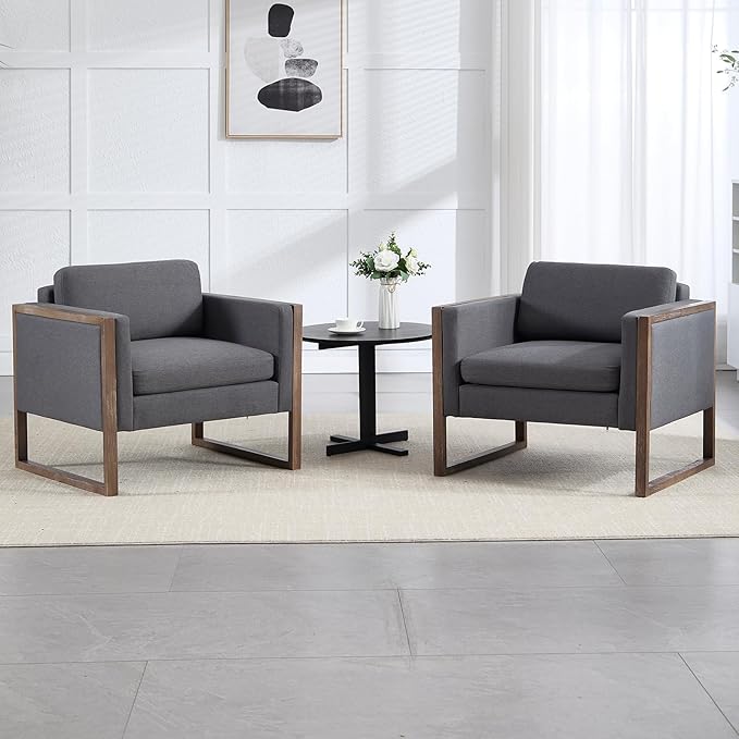 Kmax Modern Accent Chairs, Charcoal Fabric Upholstered Club Chair, Comfy Arm Reception Chairs for Living Room Hotel Conference, Walnut Wood