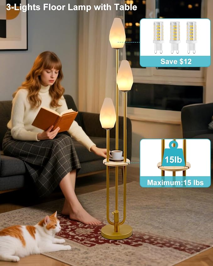 Lightdot Gold Floor Lamp with Tray, 3-Lights Dimmable Floor Lamps with Rock-Shaped Shade, Unique Candle Holder Style Modern Tall Lamp for Living Room/Party(Bulbs Included)