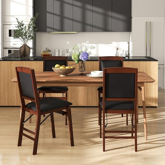 Giantex Folding Dining Chairs Set of 4, Foldable Wood Kitchen Chairs with Padded Seat, Solid Wood Frame, Max Load 400 Lbs, No Assembly Easy to Store Wooden Dining Chairs for Apartment, Small Space
