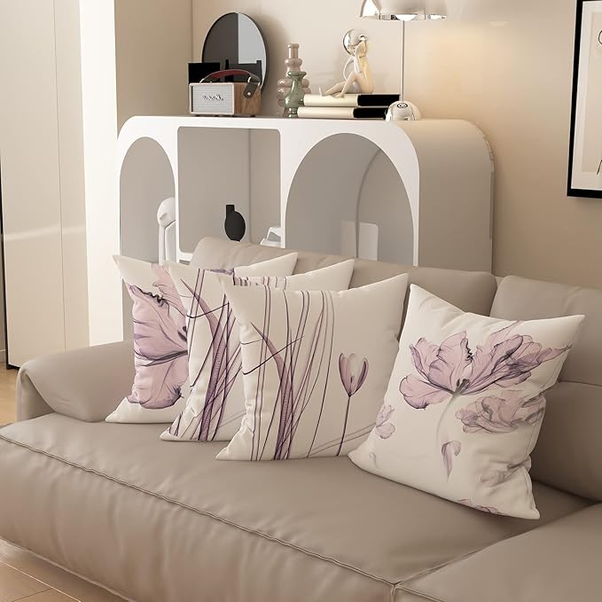 Textured Modern Minimalist Pillow Cover with Creative Floral Print, Digital-Printed Square Cushion Cover for Living Room Sofa (24 * 24inch-03026)