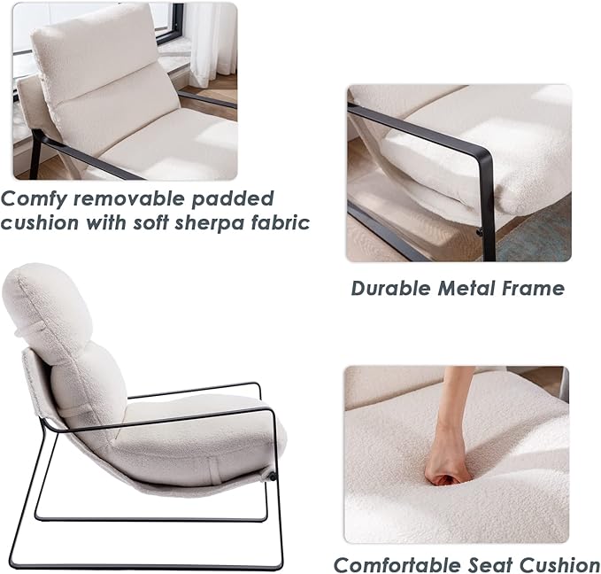 DUOMAY Mid-Century Modern Accent Chair Set of 2, Comfy Sherpa Sofa Lounge Chair Reading Corner Chair for Living Room Bedroom Office, Mid-Back Arm Chair with Black Metal Leg, White