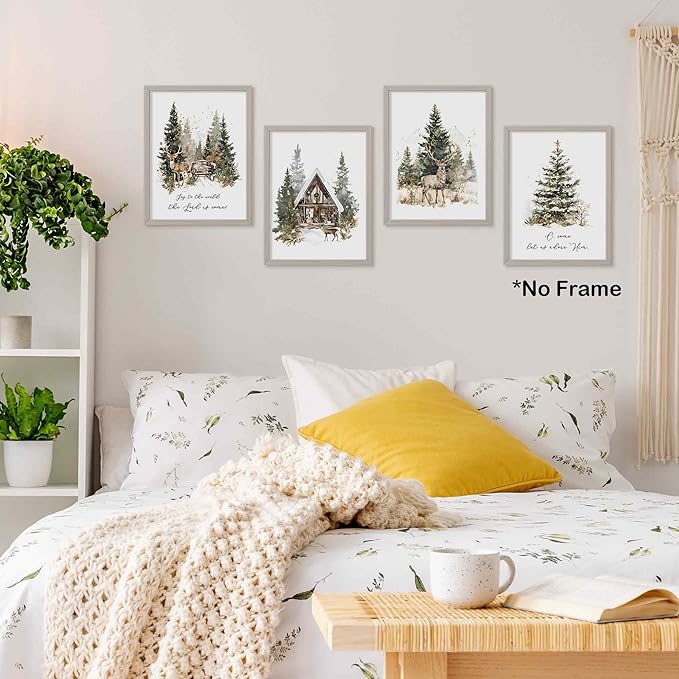 TLESKE Winter Deer Reindeer Christmas Carols Posters Prints Unframed Set of 4, Vintage Christmas Tree Wall Art Prints Decor for Living Room Bedroom, Joy to the World Wall Pictures, 12x16