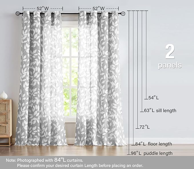 Treatmentex Grey Semi-Sheer Curtains for Bedroom 95" Long White Leaf Print Curtains for Living Room Grommet Top Window Panels, 1 Pair