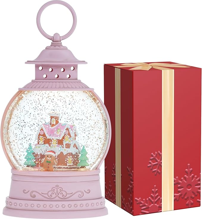 Christmas Snow Globes, Gingerbread House Musical Snow Globe Light up Swirling Glitter Snow Globe Pink Lantern with Timer, USB & Battery Operated Candy Cottage and Gingerbread Man Christmas Home Decor