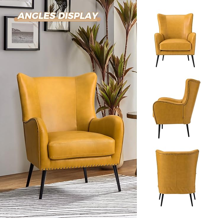 HULALA Home Faux Leather Accent Chair Set of 2 w/Removable Cushion, Comfy Upholstered Armchair with Metal Legs & Nailhead Trim Wingback Vanity Chair Desk Chair for Reading Living Room Bedroom, Yellow