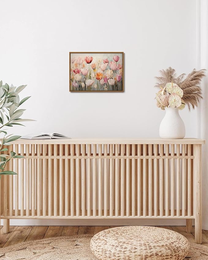 KISSFOX Boho Textured Floral Canvas Wall Art Blush Peach Tulips Framed Wall Art Vintage Colorful Paintings Artwork Abstract Modern Art Prints For Bedroom Kitchen Living Room