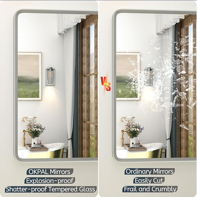 OKPAL 40 x 36 Silver Bathroom Mirror, Brushed Nickel Bathroom Vanity Mirror, Rounded Rectangle Beveled Silver Framed Mirror, Anti-Rust, HD Tempered Glass Wall Mirror(Horizontal/Vertical)