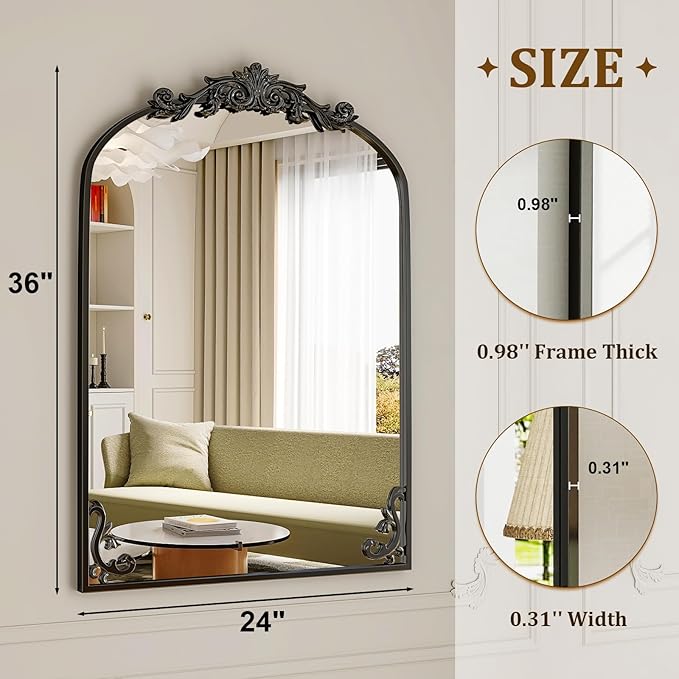 36"x 24" Arched Bathroom Mirror, Wall-Mounted Mirror with Carved Metal Frame & Bottom Art Carved, Vanity Mirror for Home Decor, Hanging Wall Mirror with Baroque Ornate Carved Accents, Vintage Black