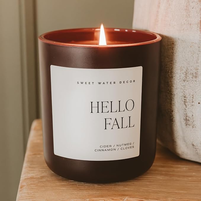 Sweet Water Decor Hello Fall Candle, Large 15oz Jar, Non-Toxic Soy Blend Wax Scented with Apple Cider & Spice, Long-Lasting Autumn Candle, Fall, Halloween & Thanksgiving Gift for Women, 70+ Hour Burn