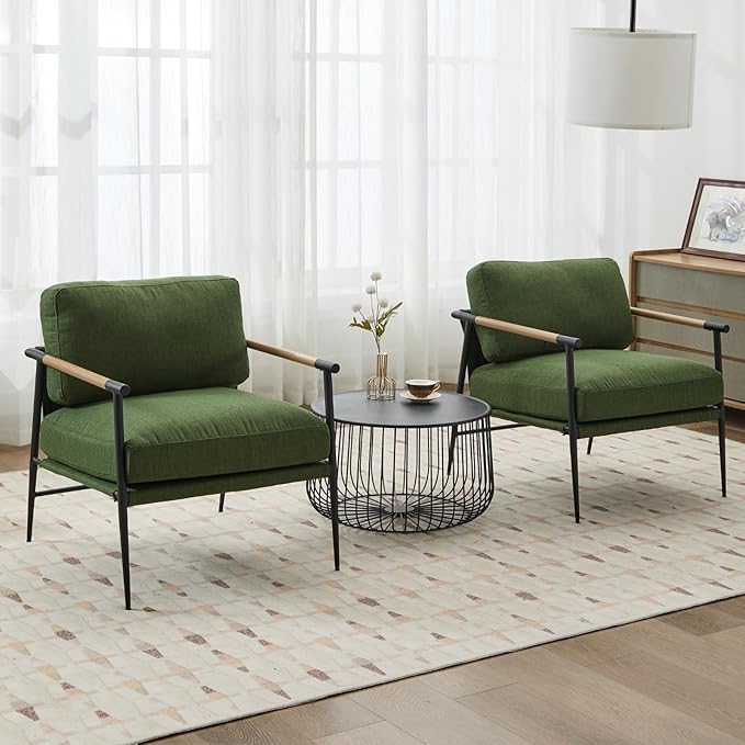 DUOMAY Mid-Century Modern Accent Chairs Armchairs Set of 2, Soft Linen Fabric Sofa Lounge Chairs Reading Chairs with Metal Leg for Living Room Bedroom Office, Green
