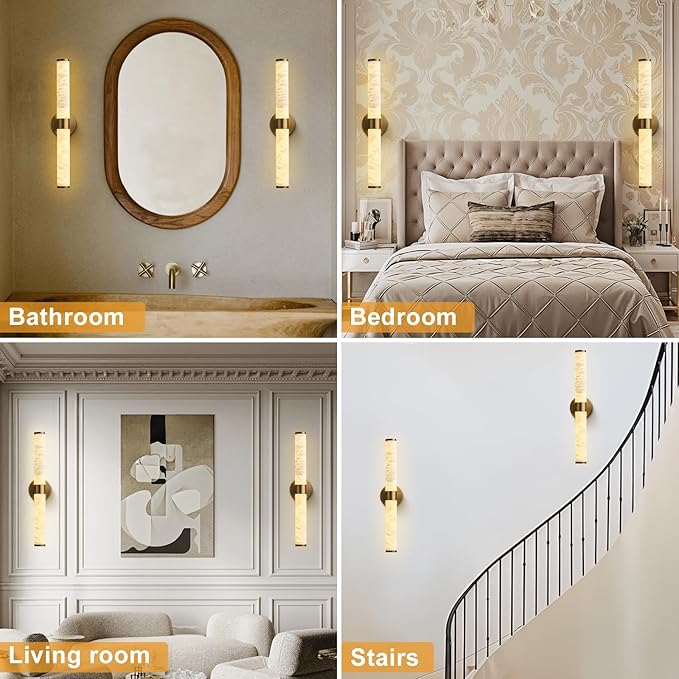 Alabaster Wall Sconce, 24" Natural Spanish Marble Wall Sconce, Modern Gold Alabaster Sconces Wall Lighting, Brass Bathroom Vanity Sconces Wall Lights for Living Room, Bedroom, Hallway, Stairs