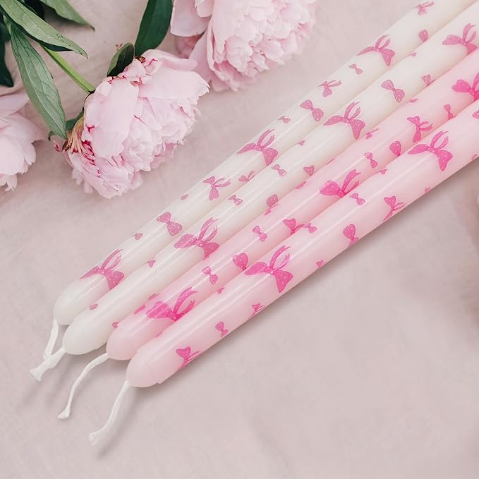Birthday Bowknot Candles 4 Pcs Unscented, Smokeless, Dripless Long Tapered Candlesticks Candles for Birthday Dinner Dating Wedding Party Home Decor