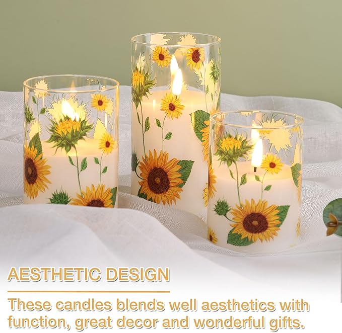 Sunflower Glass Flameless Candles with Remote, Battery Operated Flickering LED Pillar Candles Set of 3