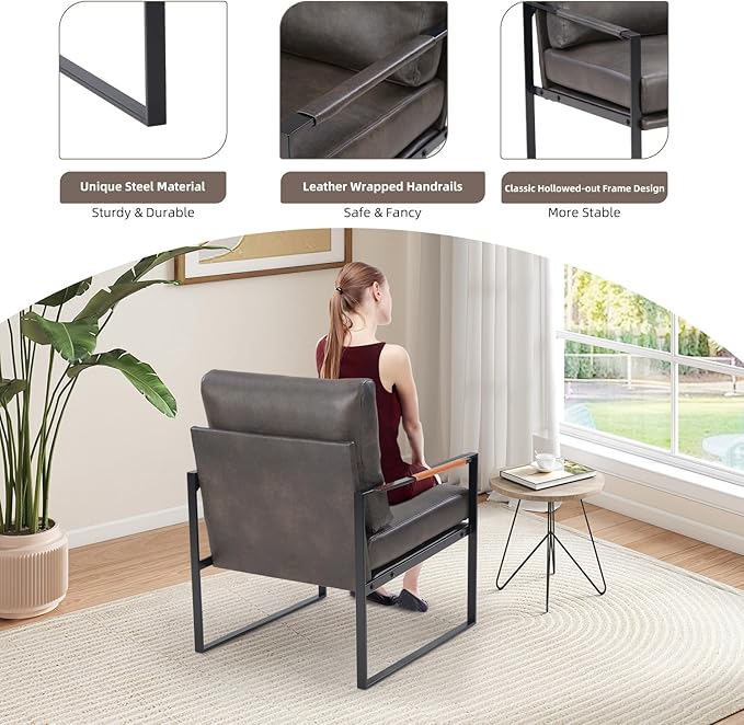 INZOY Mid Century Modern Accent Chair with Removable Cushions Set of 6, Comfy PU Leather Living Room Chairs with Thicker Backrest and Cushion, Metal Frame Design, Dark Grey