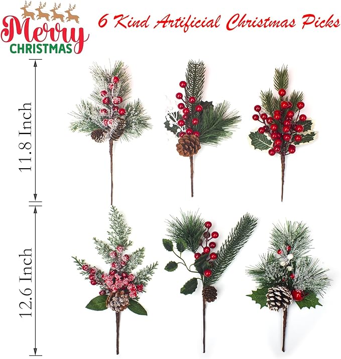 6 Kinds Artificial Christmas Tree Picks with Red Berry Pine Branches & Flower Pick - Perfect for Festive Season Decor & Wreaths to Brighten Your Holiday Spirit