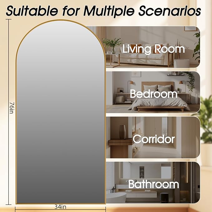 SUNQUEEN 76"x34" Floor Mirror Full Length, Arched Full Length Mirror with Stand, Full Body Mirrors for Bedroom Living Room or Cloakroom Gold