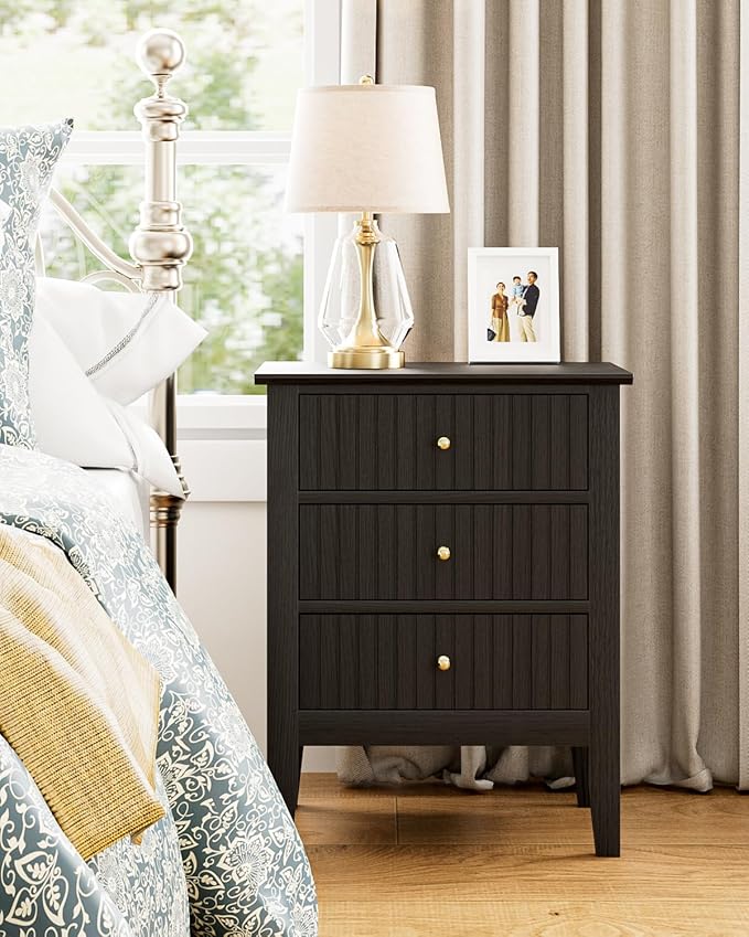 Fluted Nightstand, Farmhouse Night Stand with 3 Drawers, Mid Century Modern Side Accent Table,Bedside End Table for Bedroom, Living Room, Black
