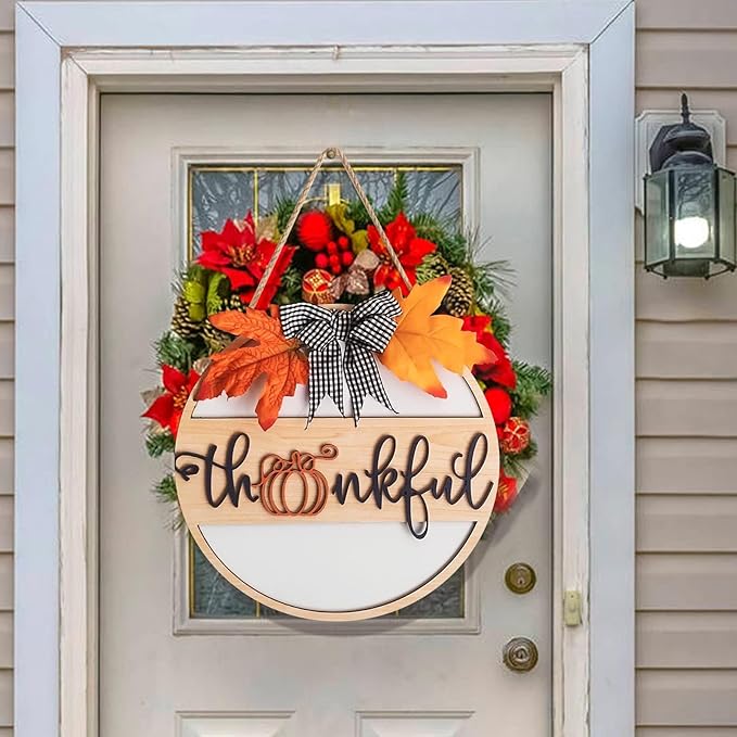 Thanksgiving Wood Sign for Front Door,Thankful Fall Door Hanging Decor,Thanksgiving Decorations Autumn Wooden Wall Decor for Thanksgiving Fall Harvest Home Farmhouse Outdoor Indoor(Maple Leaf wreath)