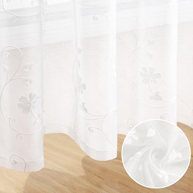 HOMEIDEAS White Sheer Curtains 96 Inches Long 2 Panels White Embroidered Floral Pattern Semi Sheer Window Curtains for Bedroom Living Room