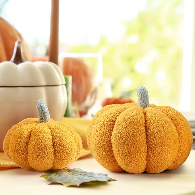 Kajaia 4 Pcs Fall Decor Pumpkin Throw Pillow Fall Pillow 11 Inches 7 Inches 3D Cushion Thanksgiving Sherpa Plush Fluffy Stuffed for Autumn Halloween Christmas Home Sofa(Yellow)