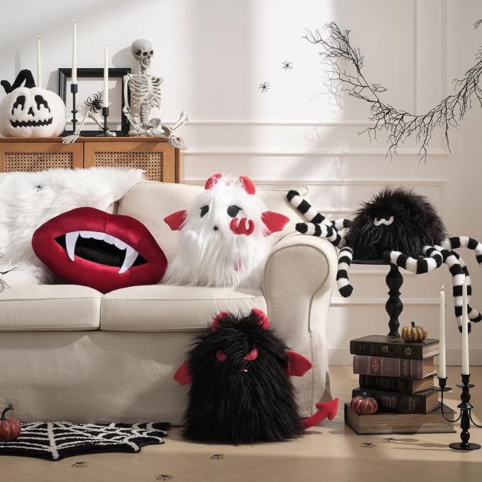 Ashler Ghost Pillow - Cute Shaped Throw Pillow for Halloween, Off-White Fur Devil 3D Halloween Pillow with Trident, Ideal Gift for Halloween Decor, 14x10.5 inches