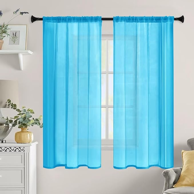 Sheer Curtains 45 Inches Long 2 Panels, Rod Pocket Short Curtain for Kitchen, Bedroom, Cafe Window(Cyan Blue 38" W x 45" L)